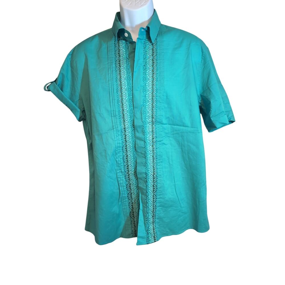 Turquoise Cuban Short Sleeve Button-up Men's Shirt Roll-up Sleeves 44"Chest D66 - Picture 5 of 7